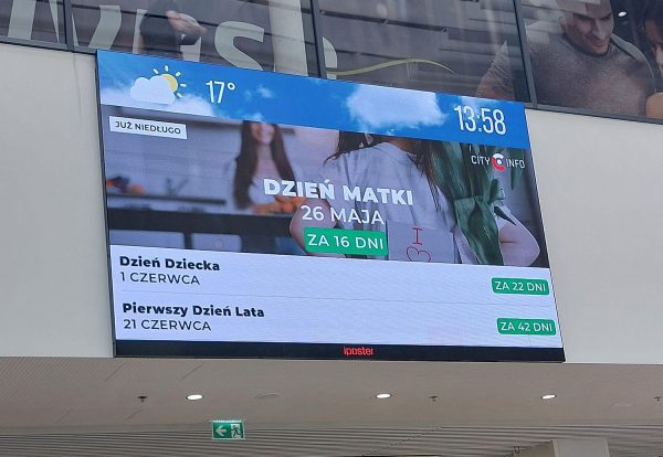 Videowall w Galaxy to przestrzeń, której nie da się przeoczyć. Zaskocz odwiedzających nowoczesną prezentacją swojej marki na wielkoformatowym ekranie w samym sercu centrum.