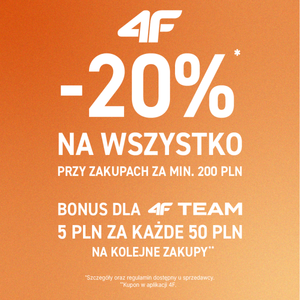 Grafika promocyjna akcji rabatowej w salonie 4F, prezentująca korzyści dla członków 4F TEAM oraz rabat -20% przy zakupach za 200 zł.