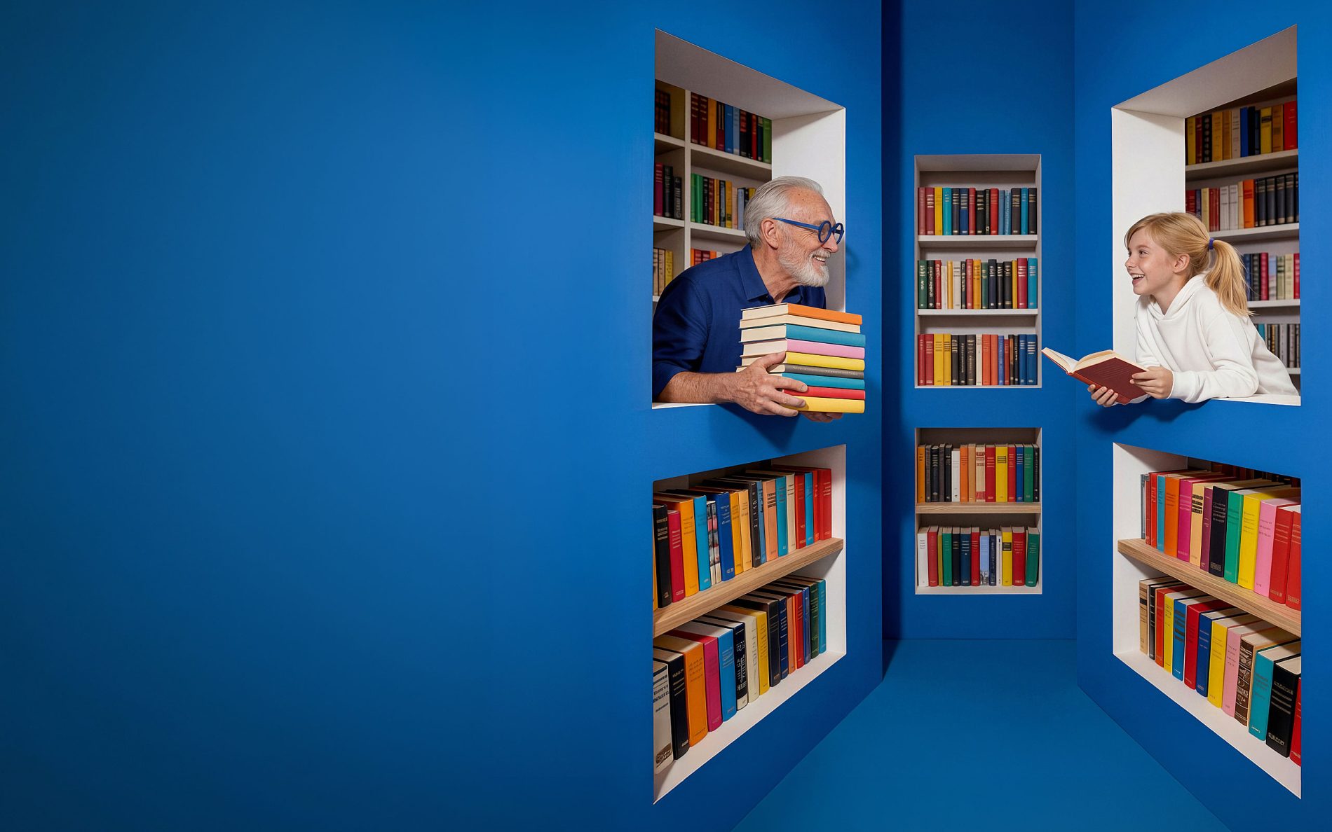 kreacja związana z dniem książki w oknach są osoby i regały książek