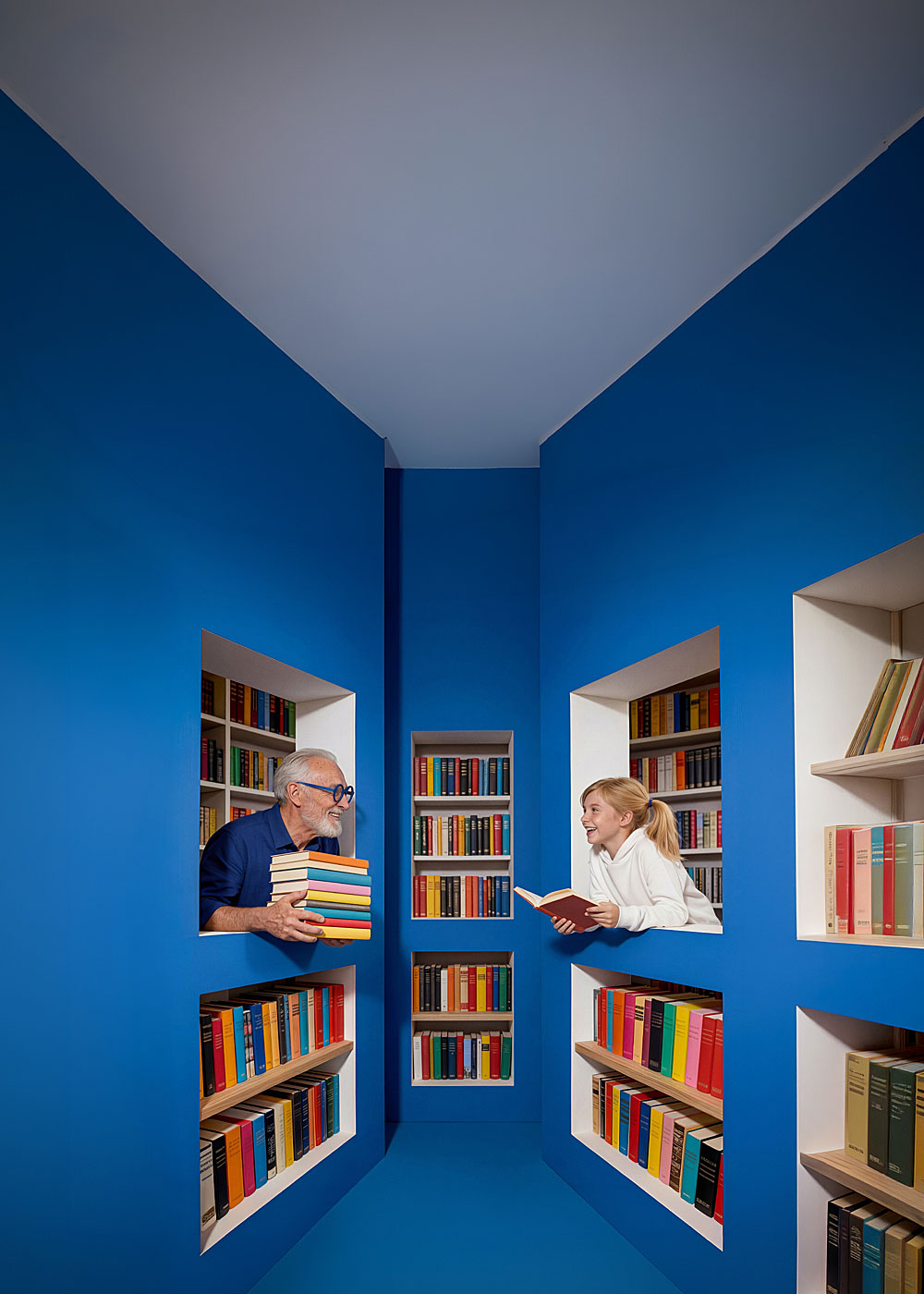 kreacja związana z dniem książki w oknach są osoby i regały książek