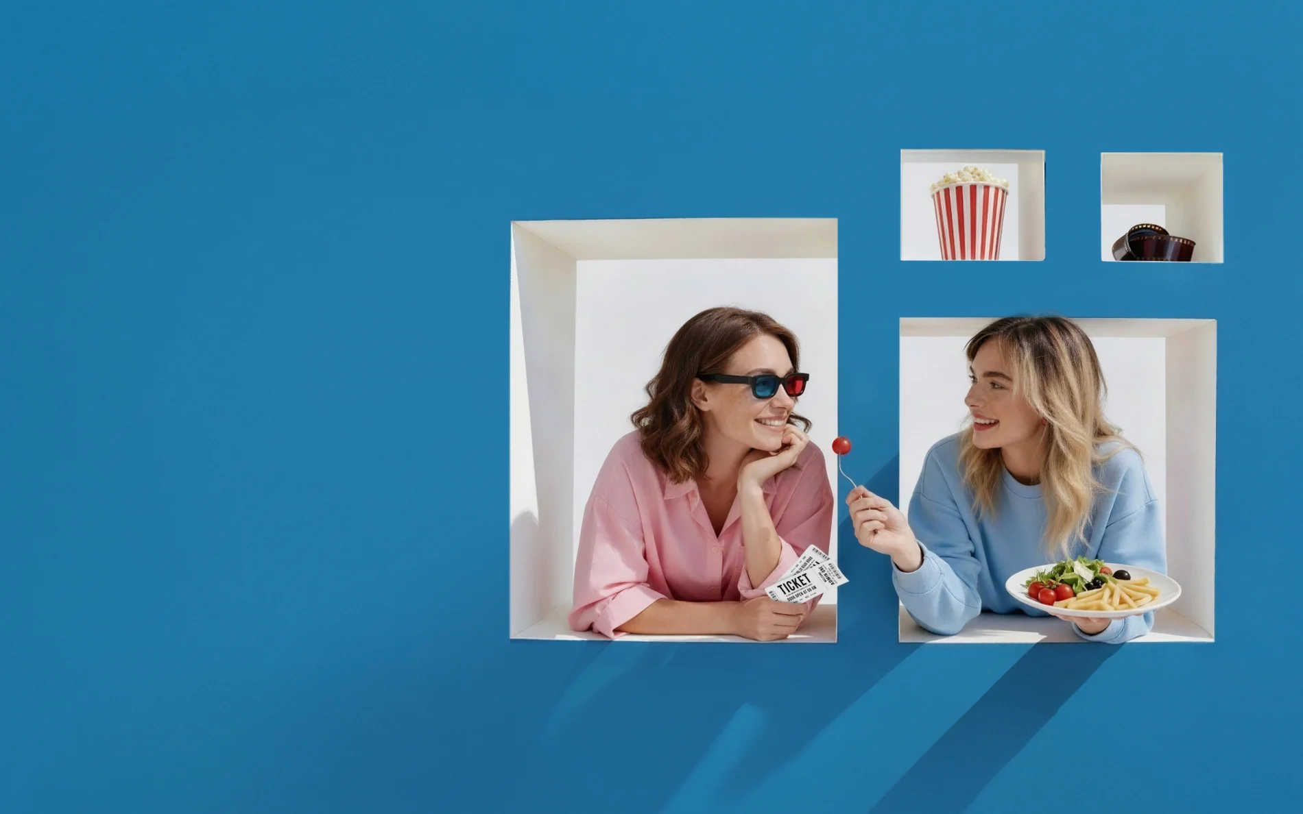 grafika kobiety w oknie z elementami popcornu jedzenia i napojów