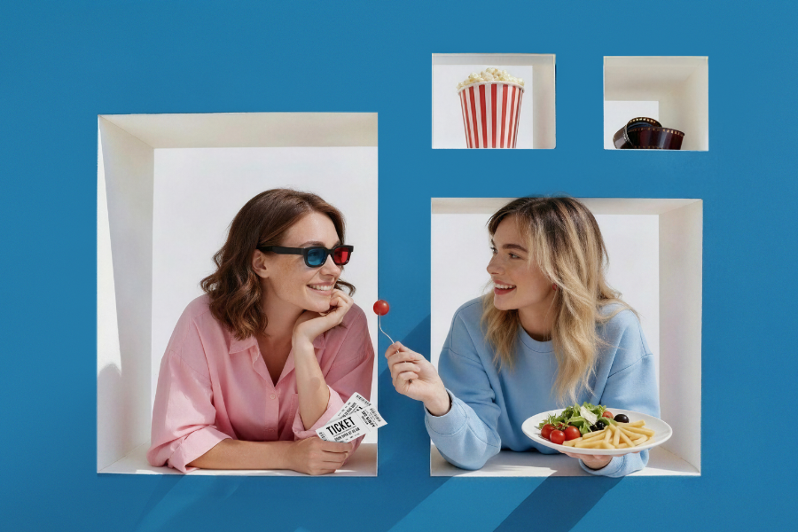 grafika kobiety w oknie z elementami popcornu jedzenia i napojów