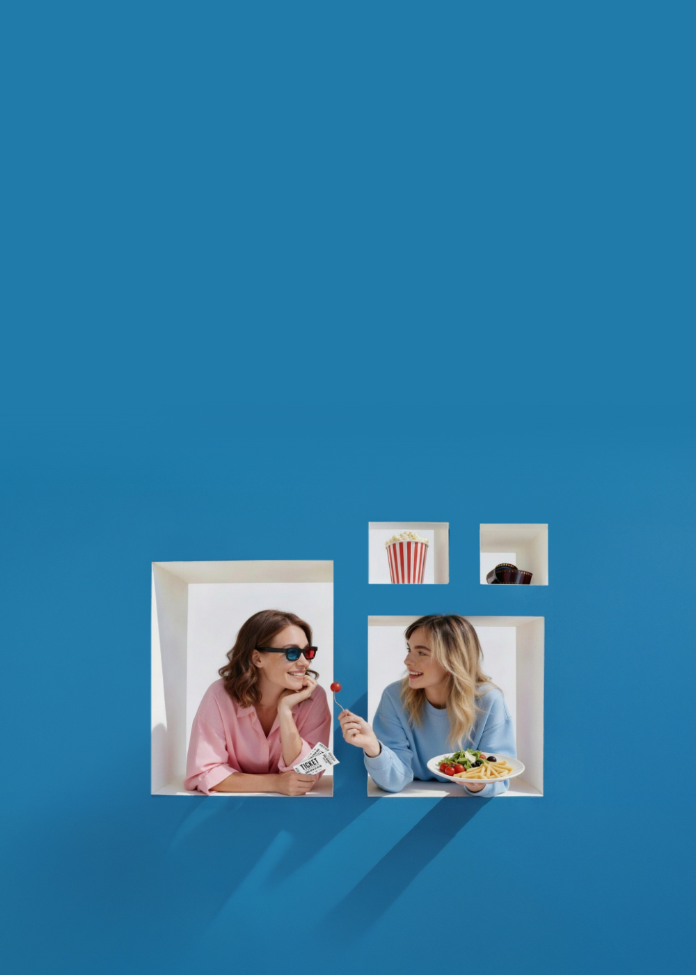 grafika kobiety w oknie z elementami popcornu jedzenia i napojów