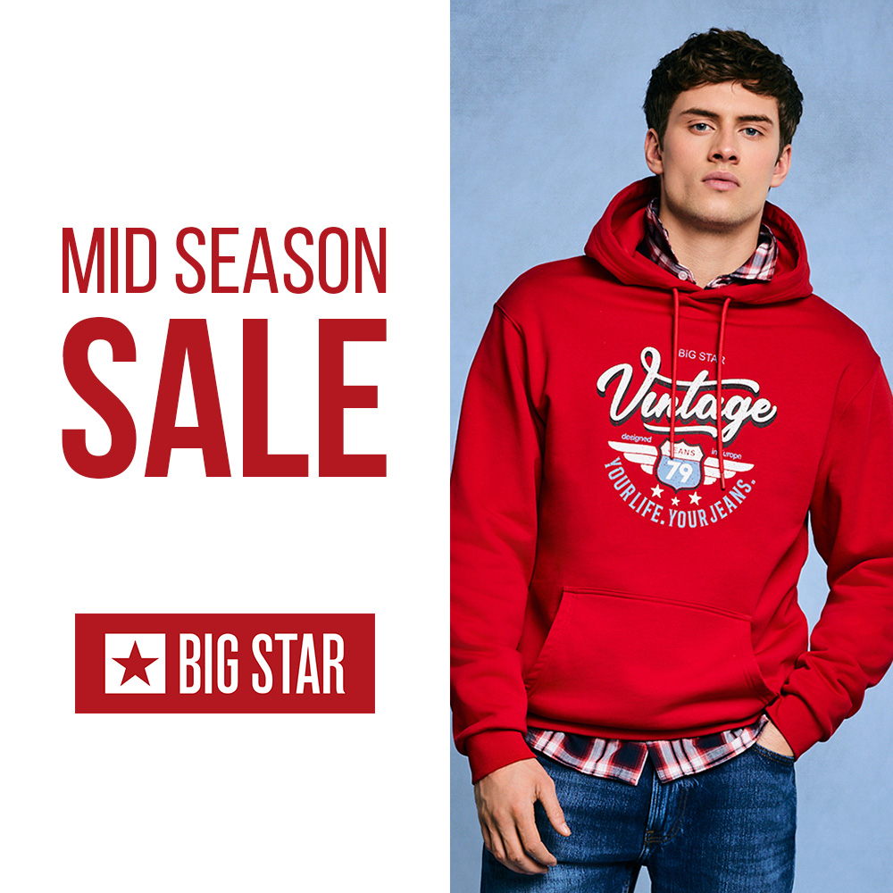 Grafika reklamująca akcję Mid Season Sale w salonie BIG STAR, informująca o rabatach.