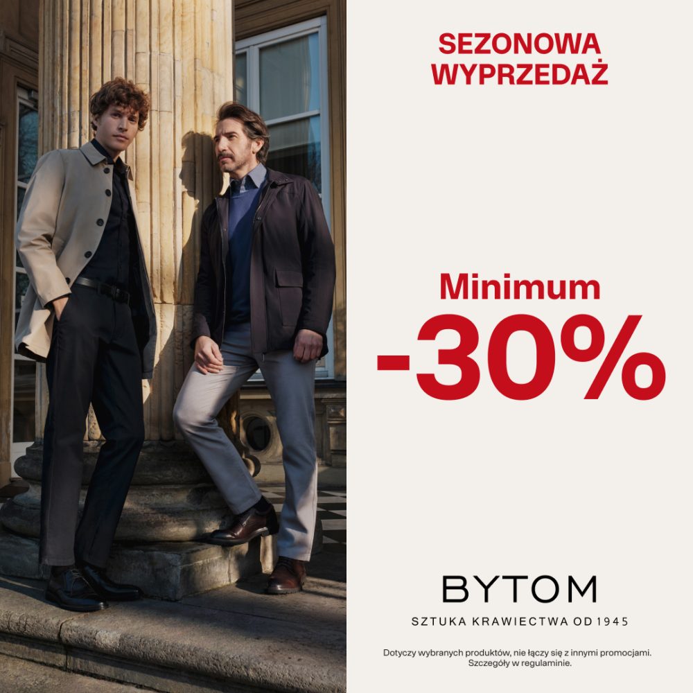 Grafika promocyjna sezonowej wyprzedaży w salonie BYTOM w szczecińskiej galerii Galaxy, informująca o rabatach od -30%.