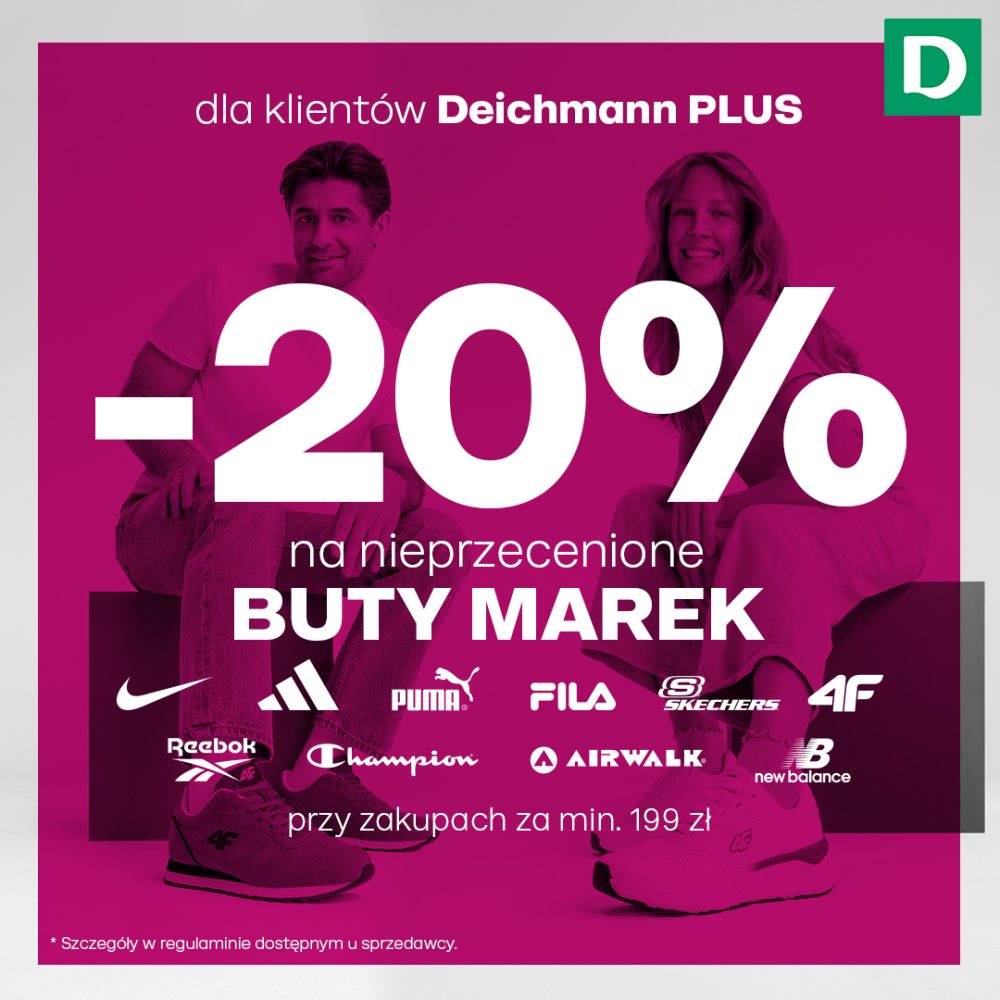 Grafika promocyjna salonu Deichmann informująca o rabacie -20% na markowe buty.