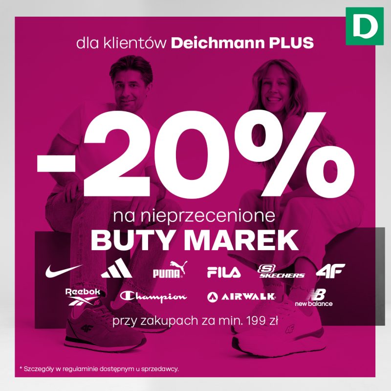 Grafika promocyjna salonu Deichmann informująca o rabacie -20% na markowe buty.