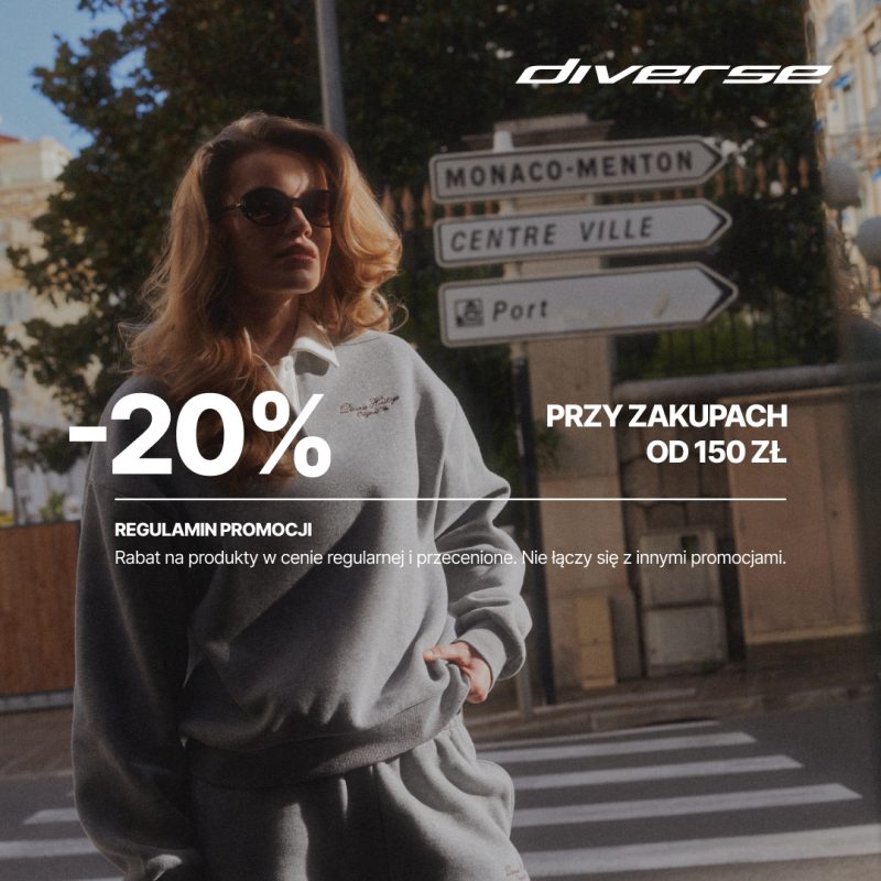 Grafika promocyjna marki Diverse informująca o rabacie 20% na wszystko (łącznie z wyprzedażą) przy zakupach za min. 150 zł.