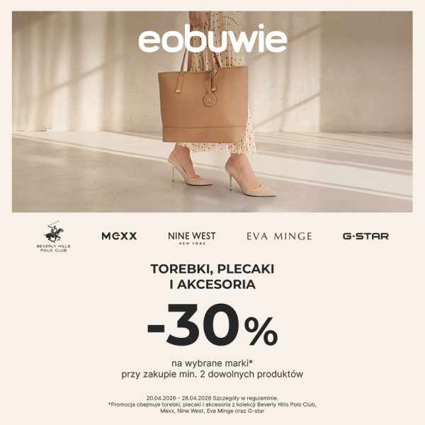 Grafika promocyjna eobuwie.pl zawierająca informacje o promocji -30% na torebki, plecaki i akcesoria.