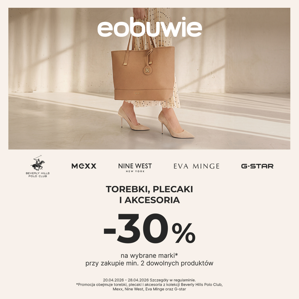 Grafika promocyjna eobuwie.pl zawierająca informacje o promocji -30% na torebki, plecaki i akcesoria.