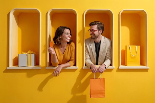 Kobieta i mężczyzna wychylają się z żółtych wnęk ściany, trzymając kartę i torbę zakupową; obok widoczne pudełko prezentowe i torba na zakupy.