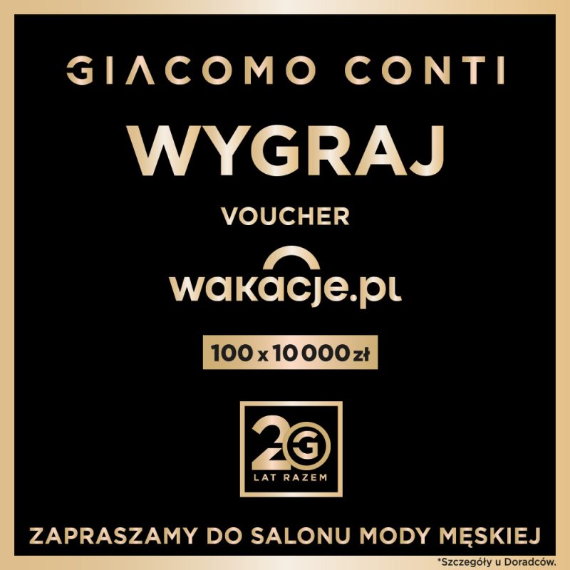 Grafika promocyjna jubileuszowego konkursu marki Giacomo Conti, informująca o puli nagród wynoszącej milion złotych.