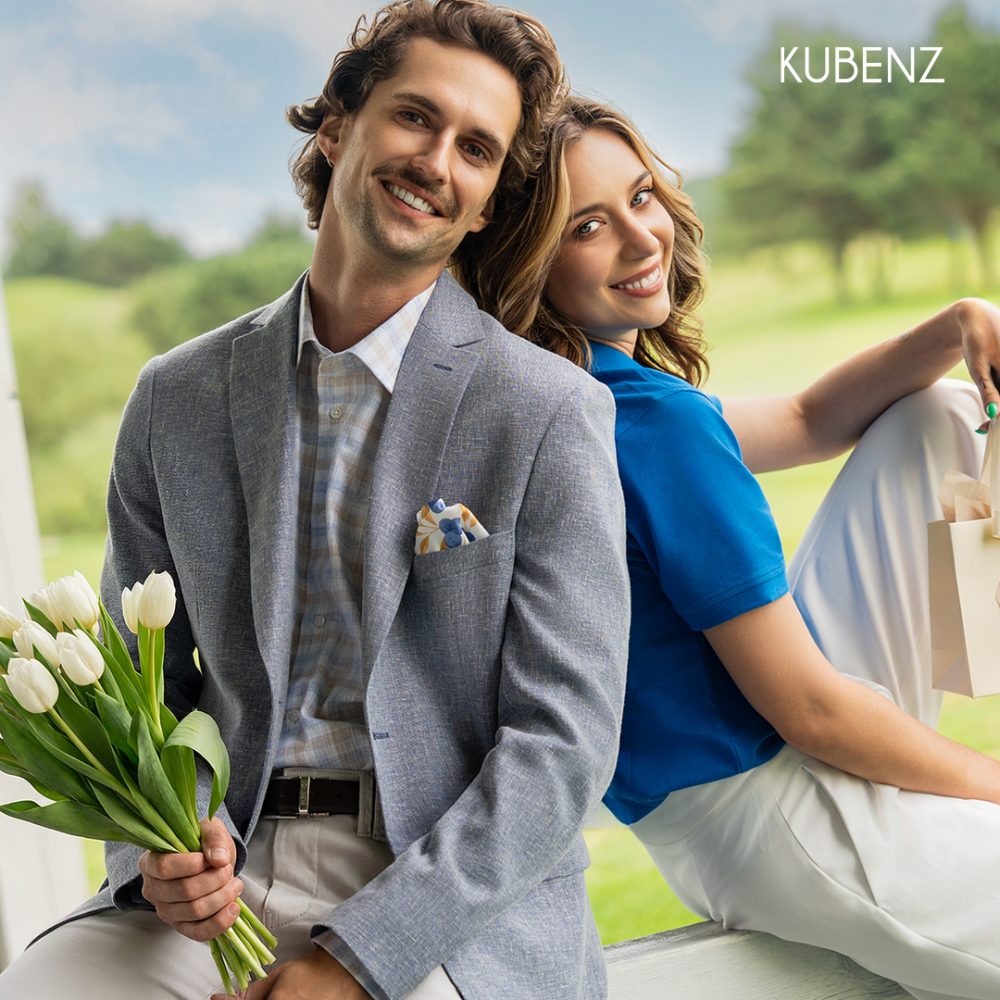 Stylowy mężczyzna prezentujący klasyczne garnitury męskie i pastelowe marynarki na wiosnę z najnowszej kolekcji Kubenz w Centrum Galaxy.