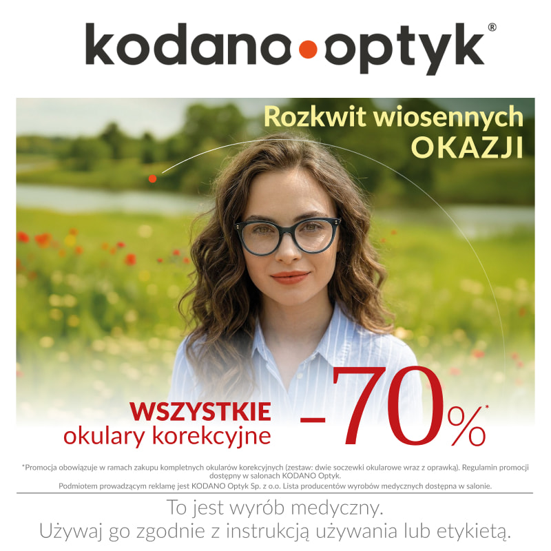 Grafika promocyjna salonu Kodano Optyk informująca o rabacie do −70% na wszystkie okulary korekcyjne. Na zdjęciu kobieta w okularach na tle wiosennej scenerii z zielenią i kwitnącymi roślinami.