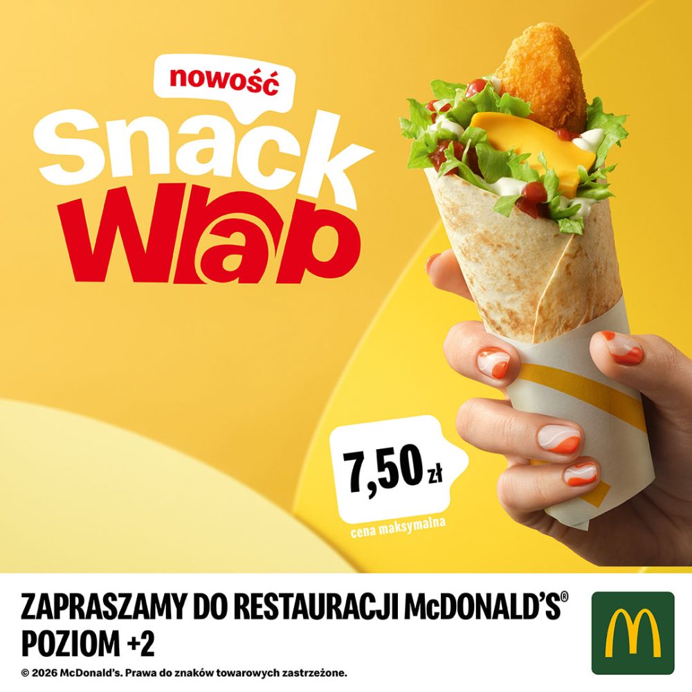 Na zdjęciu przedstawiona jest przekąska Snack Wrap w pszennej tortilli z kurczakiem i serem cheddar w promocyjnej cenie 7,50 zł.