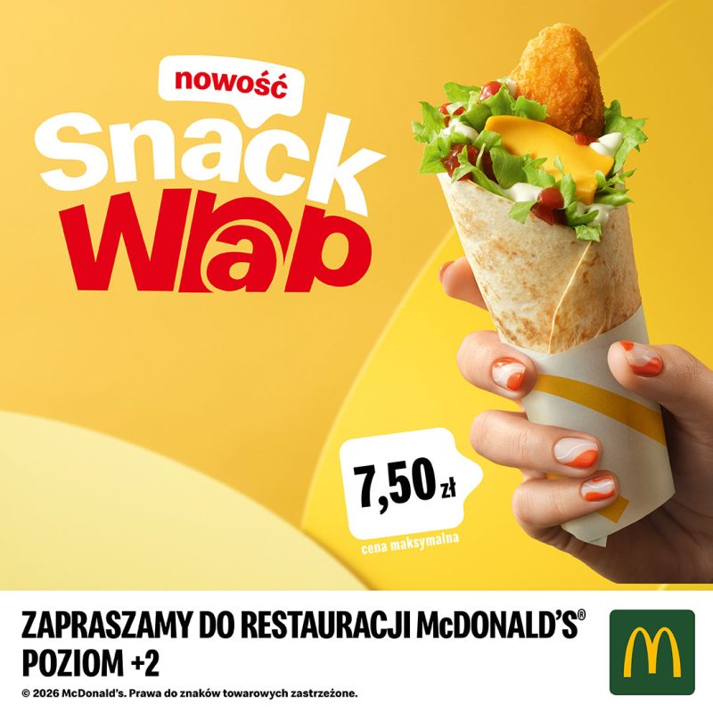 Na zdjęciu przedstawiona jest przekąska Snack Wrap w pszennej tortilli z kurczakiem i serem cheddar w promocyjnej cenie 7,50 zł.