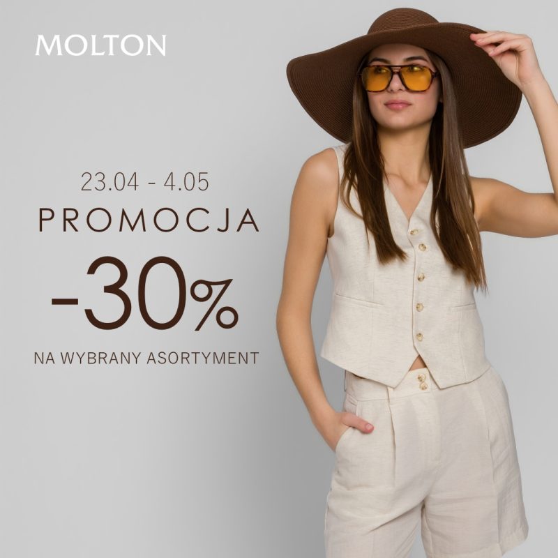 Grafika przedstawiająca kobietę, w letnich ubraniach i kapeluszu na głowie, informująca o promocji -30% na wybrany asortyment w salonie Molton.