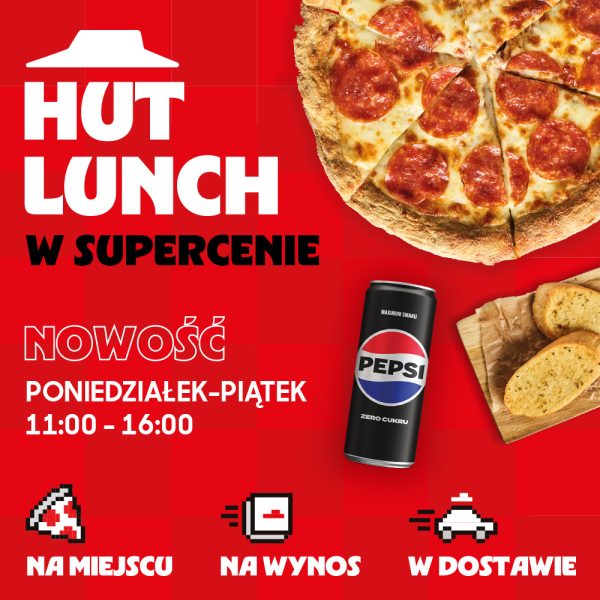 Zdjęcie promocyjne Pizza Hut zawierające zestaw lunchowy z pizzą i Pepsi Zero Cukru.