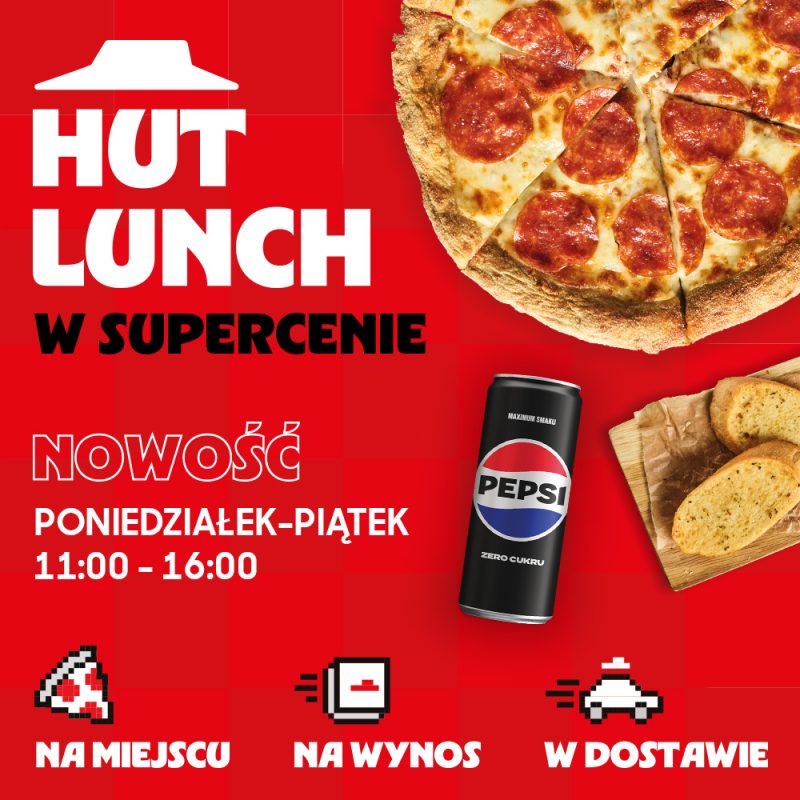 Zdjęcie promocyjne Pizza Hut zawierające zestaw lunchowy z pizzą i Pepsi Zero Cukru.