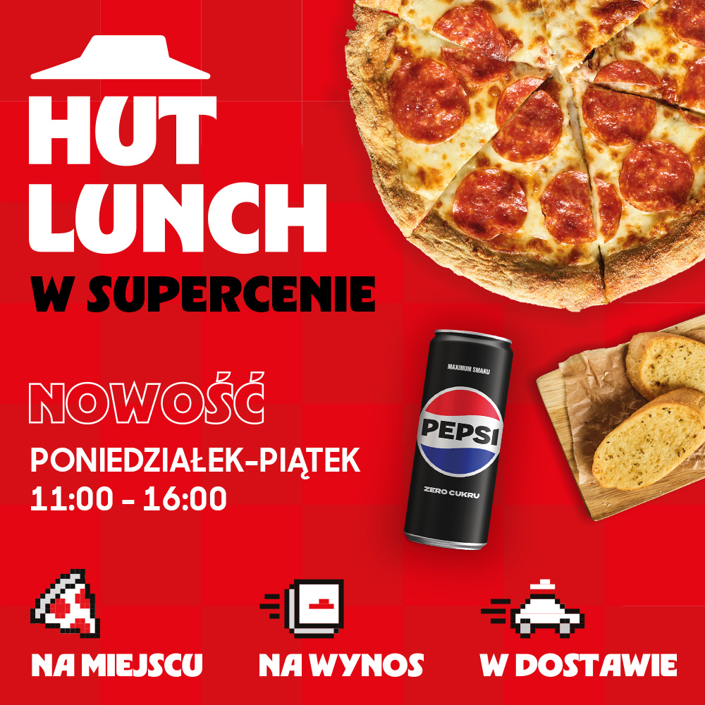 Zdjęcie promocyjne Pizza Hut zawierające zestaw lunchowy z pizzą i Pepsi Zero Cukru.