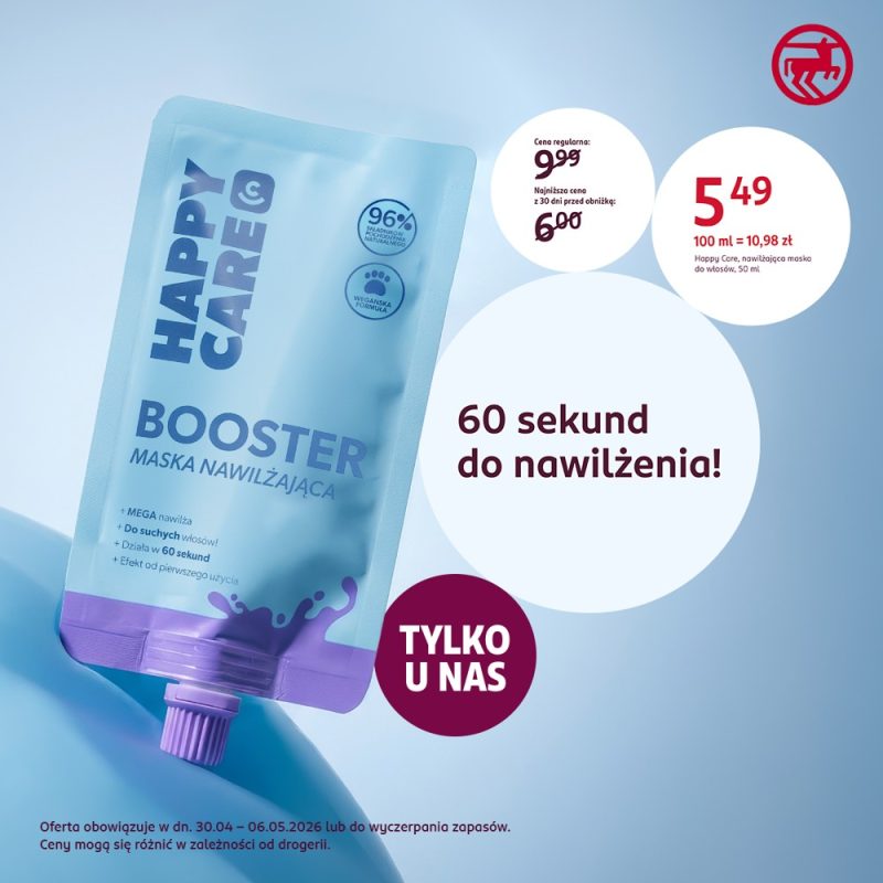 Grafika promocyjna maski nawilżającej Happy Care Booster w cenie 5,49 zł w salonie Rossmann. Jasnoniebieskie opakowanie typu saszetka na błękitnym tle z informacją o 60-sekundowym działaniu.