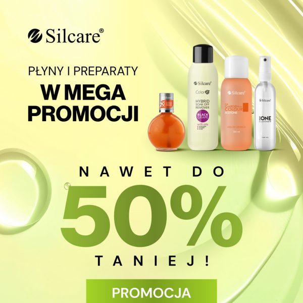 Grafika promocyjna marki Silcare informująca o wyprzedaży płynów i preparatów do manicure (zniżka do 50%).