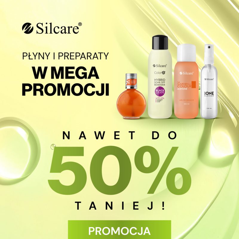 Grafika promocyjna marki Silcare informująca o wyprzedaży płynów i preparatów do manicure (zniżka do 50%).