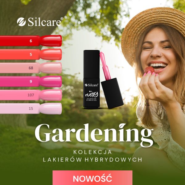 Grafika promocyjna wiosennej kolekcji lakierów hybrydowych Silcare przedstawiająca 5 różnych odcieni lakierów, w tle widać uśmiechniętą kobietę.