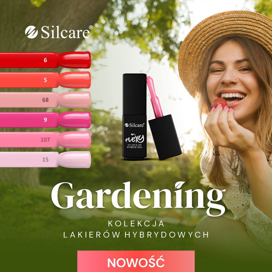 Grafika promocyjna wiosennej kolekcji lakierów hybrydowych Silcare przedstawiająca 5 różnych odcieni lakierów, w tle widać uśmiechniętą kobietę.