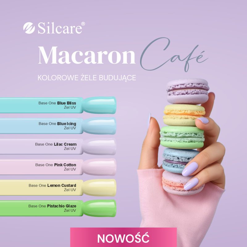 Zdjęcie prezentujące nową gamę pastelowych lakierów Silcare z serii Macaron Café w wiosennych odcieniach. Po prawej stronie widać dłoń, która trzyma rożne kolory makaroników.