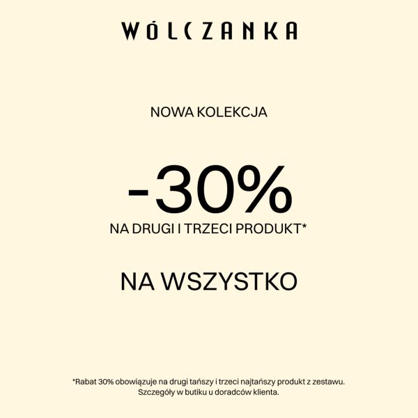 Grafika promocyjna butiku Wólczanka informująca o rabacie na drugi i trzeci produkt z nowej kolekcji.