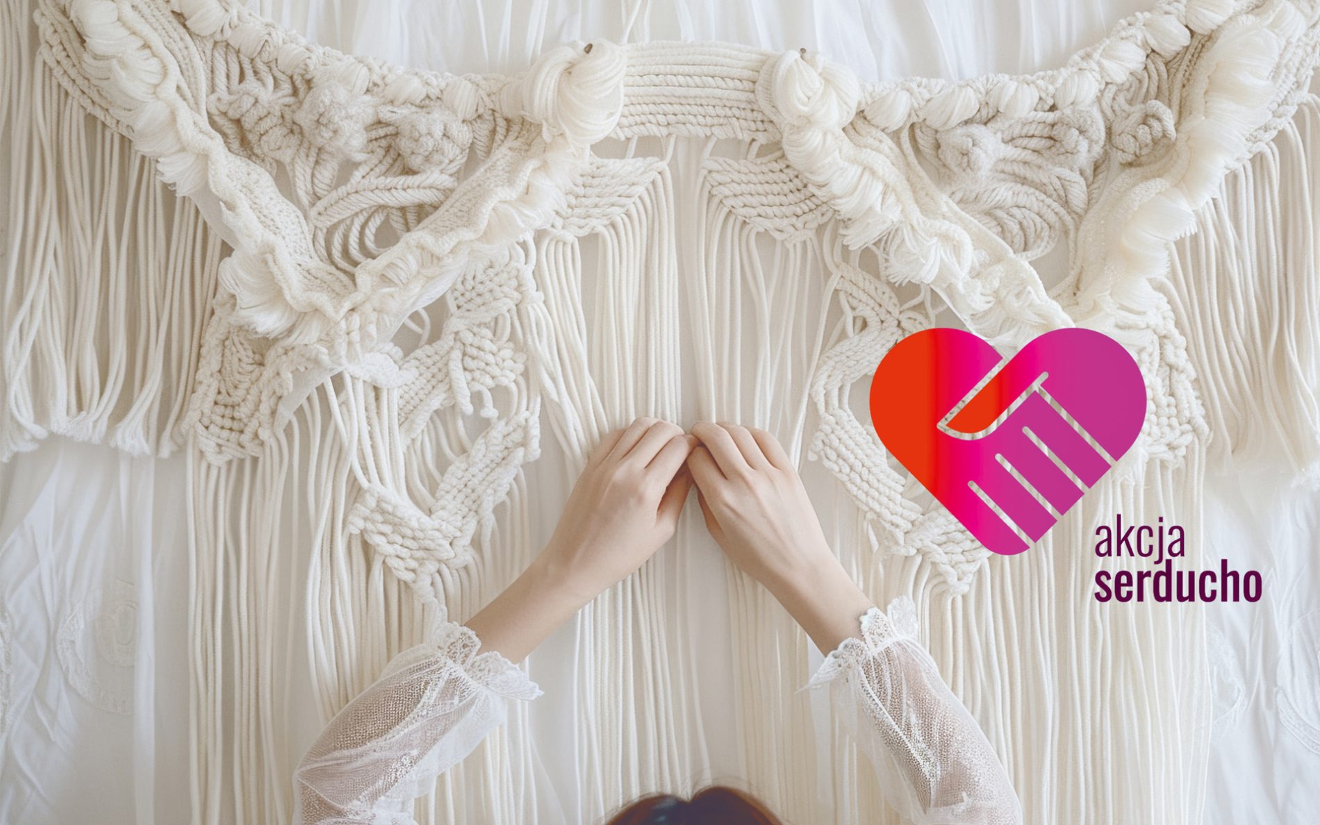Kobieta wykonująca makramę na tle jasnej tkaniny dekoracyjnej, grafika promująca akcję charytatywną „akcja serducho” z symbolem serca.