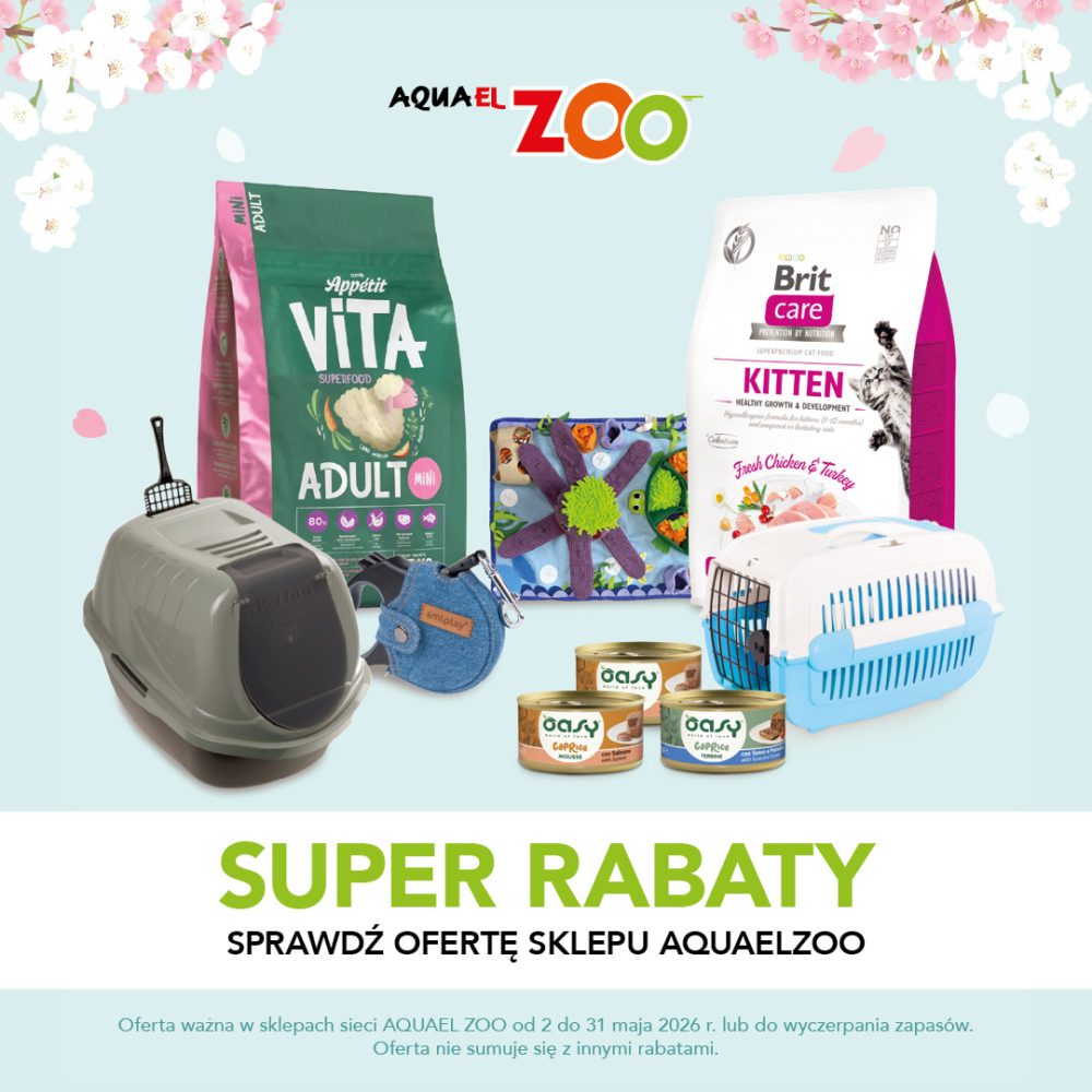 Baner promocyjny Aquael Zoo z hasłem „Super rabaty” na tle z kwiatowym motywem. Na grafice przedstawiono produkty dla zwierząt, m.in. karmy dla psów i kotów, transportery, kuwetę, zabawki oraz puszki z jedzeniem. Widoczna jest informacja o majowej ofercie dostępnej w sklepach Aquael Zoo.