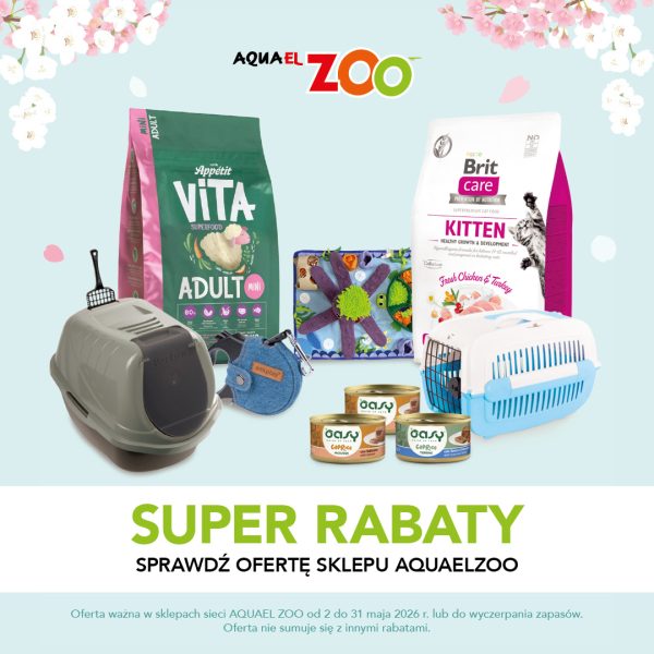 Baner promocyjny Aquael Zoo z hasłem „Super rabaty” na tle z kwiatowym motywem. Na grafice przedstawiono produkty dla zwierząt, m.in. karmy dla psów i kotów, transportery, kuwetę, zabawki oraz puszki z jedzeniem. Widoczna jest informacja o majowej ofercie dostępnej w sklepach Aquael Zoo.