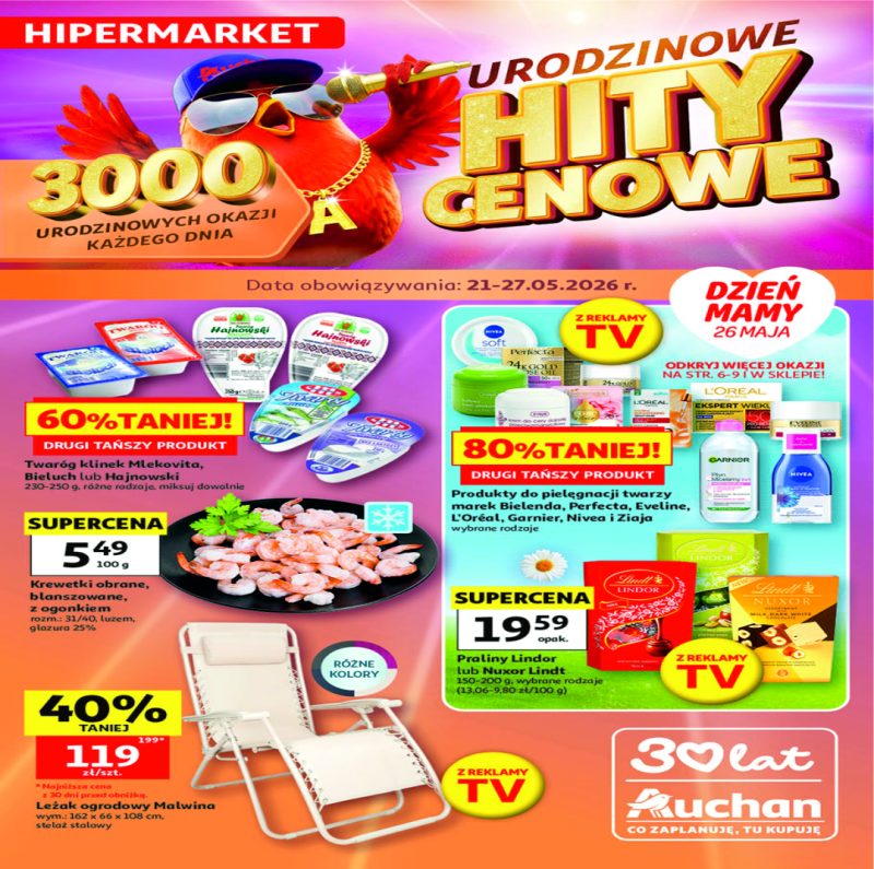 Plakat urodzinowy Auchan z kolorowymi balonami konfetti i dużym napisem Super Oferty Galaxy
