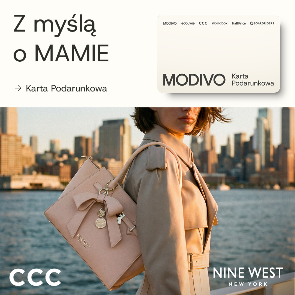 Elegancka kobieta w ciemnych okularach i złotej biżuterii trzymająca stylowe pudełko CCC MODIVO