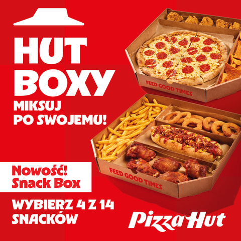 Apetyczna pizza oraz frytki podane w tekturowym pudełku promocyjnym na czerwonym tle Pizza Hut Galaxy