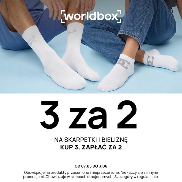 Sportowe skarpety i bielizna na dynamicznym niebiesko-fioletowym tle z napisem 3 za 2 Worldbox Galaxy