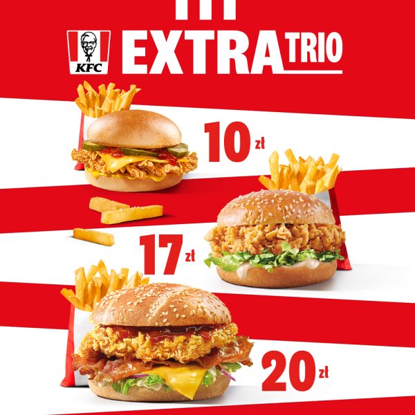 Grafika promocyjna sieci KFC ukazująca ofertę „EXTRA TRIO” z trzema kanapkami z panierowanym kurczakiem i frytkami. Na czerwono-białym tle zaprezentowano ceny burgerów: 10 zł, 17 zł oraz 20 zł.