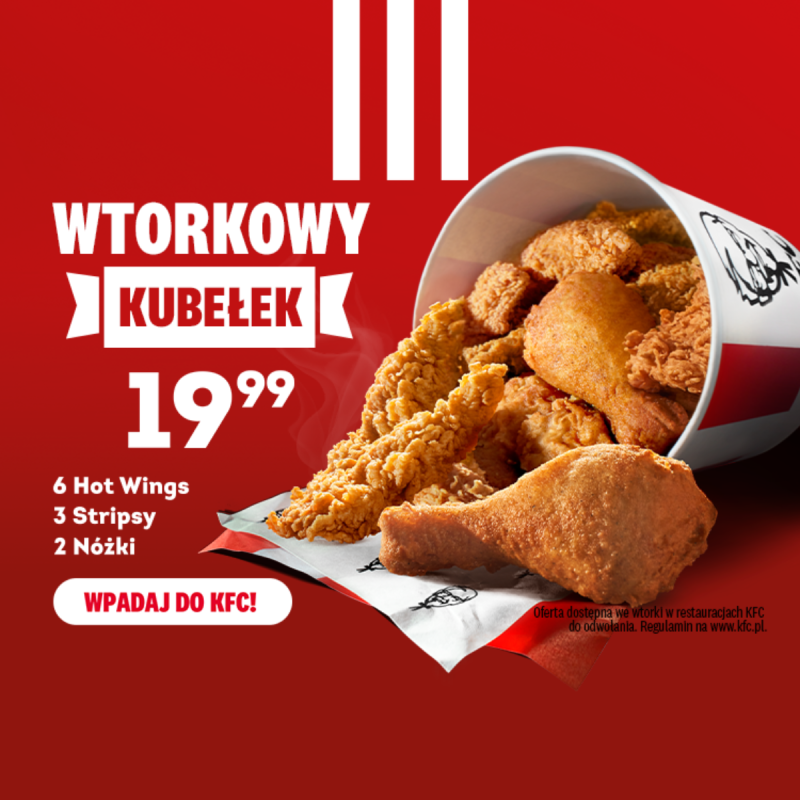 Grafika reklamowa sieci KFC promująca „Wtorkowy Kubełek” w cenie 19,99 zł, przedstawiona na intensywnym czerwonym tle. Zdjęcie prezentuje kubełek wypełniony 6 skrzydełkami Hot Wings, 3 polędwiczkami Strips oraz 2 nóżkami kurczaka w chrupiącej panierce. Przekaz uzupełnia logotyp marki oraz zachęcające hasło „WPADAJ DO KFC!”.