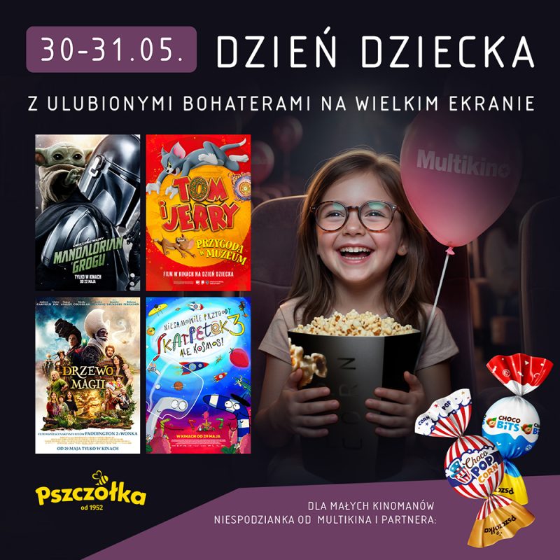 Plakat promocyjny ukazuje małą kinomankę z popcornem na tle propozycji repertuarowych przygotowanych specjalnie z okazji Dnia Dziecka. W dolnym prawym rogu wyeksponowano zapakowane cukierki, a całą kompozycję dopełniają logotypy organizatora oraz partnera akcji.