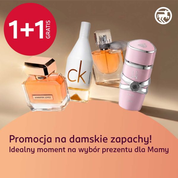 Reklama promocji na damskie zapachy z ofertą drugi produkt gratis. Na grafice pokazano kilka flakonów perfum, a całość utrzymana jest w eleganckiej, pastelowej kolorystyce.