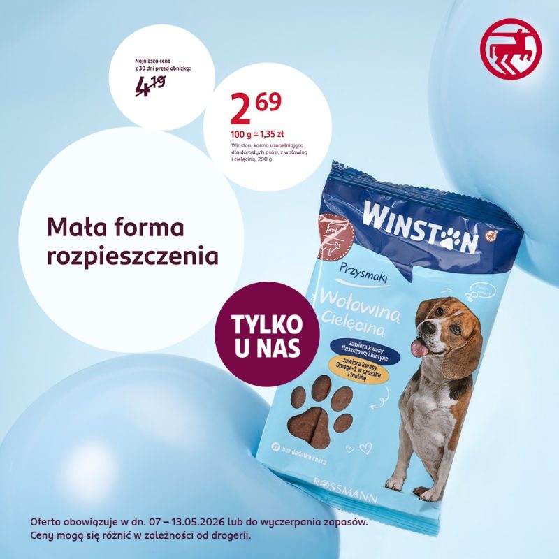 Grafika reklamowa drogerii Rossmann prezentująca karmę dla psów marki Winston o smaku wołowiny i cielęciny. Na jasnoniebieskim tle znajduje się opakowanie produktu z ilustracją psa, oznaczeniem ceny 2,69 zł oraz hasłem promocyjnym „Tylko u nas”.
