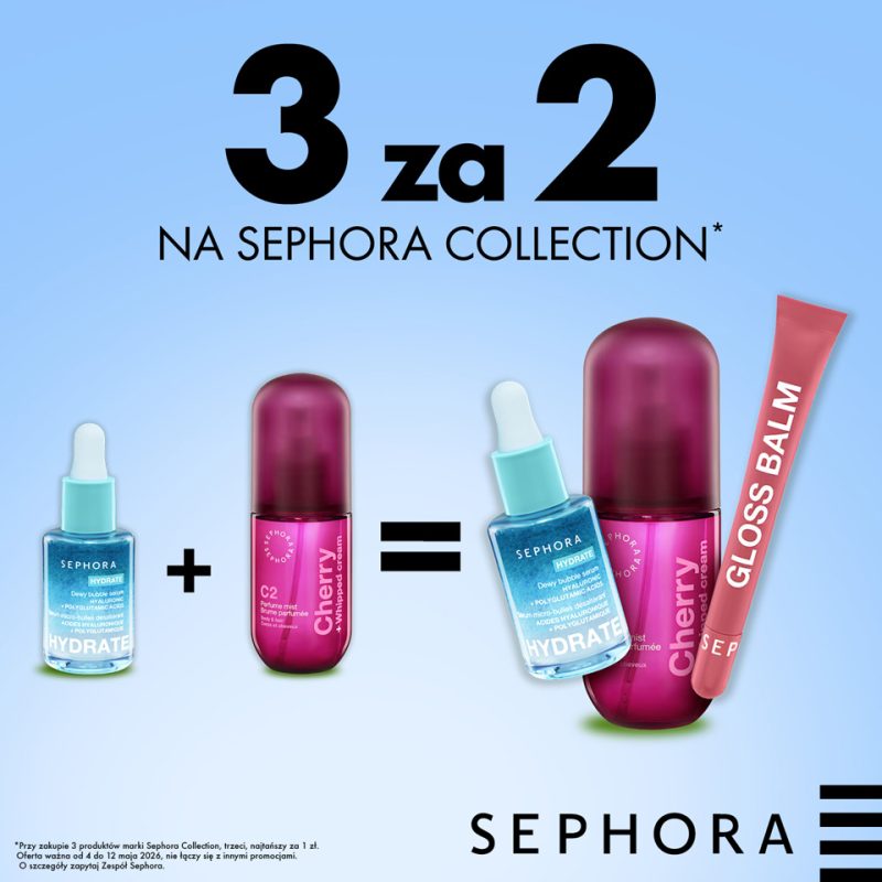 Grafika promocyjna Sephora Collection prezentująca ofertę „3 w cenie 2” na produkty do makijażu i pielęgnacji twarzy. Na różowym tle widoczne są kolorowe opakowania kosmetyków, w tym maseczki w płachcie, paletki cieni oraz pomadki. Na dole zdjęcia znajduje się białe logo marki Sephora.