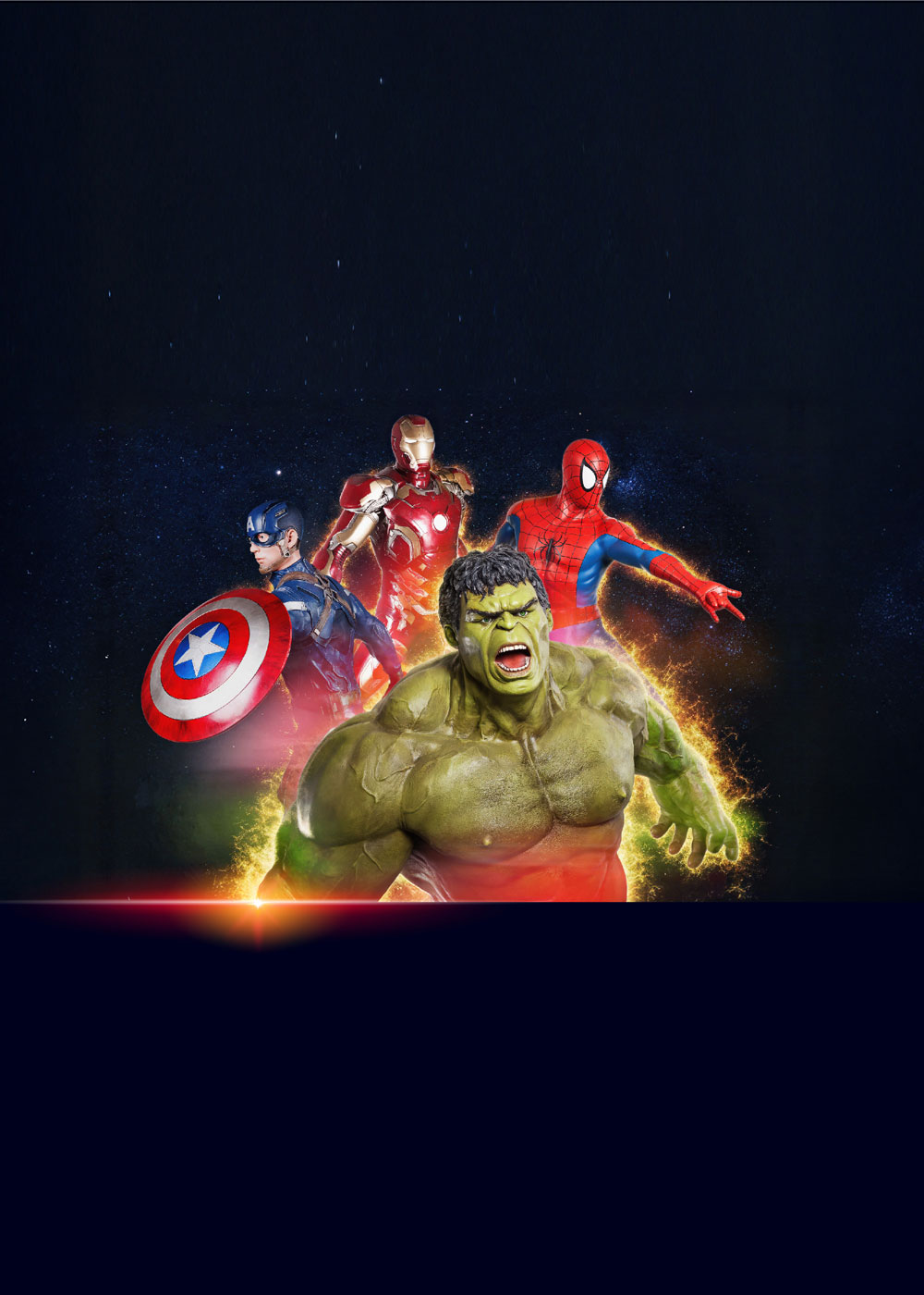 Plakat promocyjny prezentuje figury znanych postaci komiksowych, takich jak Hulk, Iron Man, Spider-Man i Kapitan Ameryka w nastrojowym, kinowym oświetleniu. Sylwetki bohaterów wyłaniają się z mroku i iskier, tworząc pełną akcji scenę na tle nocnego nieba.