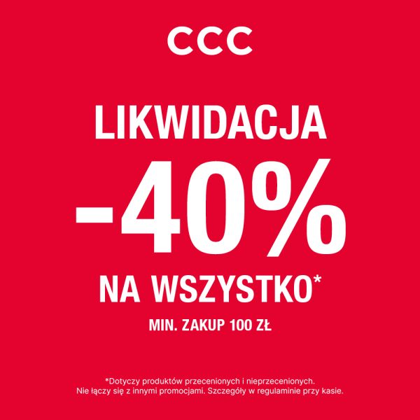 Plakat promocyjny marki CCC przedstawia prosty i czytelny komunikat o wyprzedaży asortymentu na jednolitym, czerwonym tle. W dolnej części grafiki umieszczono dopisek informujący, że rabat dotyczy produktów przecenionych oraz nieprzecenionych i odsyła po szczegóły do regulaminu.