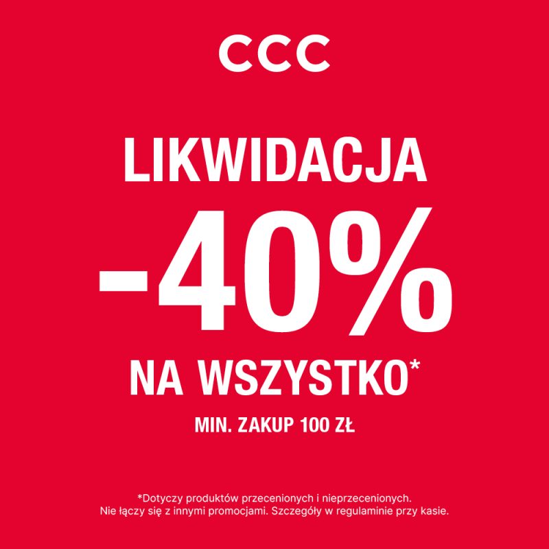 Plakat promocyjny marki CCC przedstawia prosty i czytelny komunikat o wyprzedaży asortymentu na jednolitym, czerwonym tle. W dolnej części grafiki umieszczono dopisek informujący, że rabat dotyczy produktów przecenionych oraz nieprzecenionych i odsyła po szczegóły do regulaminu.