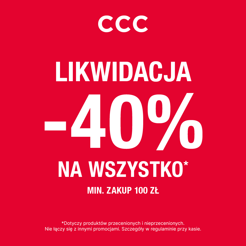 Plakat promocyjny marki CCC przedstawia prosty i czytelny komunikat o wyprzedaży asortymentu na jednolitym, czerwonym tle. W dolnej części grafiki umieszczono dopisek informujący, że rabat dotyczy produktów przecenionych oraz nieprzecenionych i odsyła po szczegóły do regulaminu.