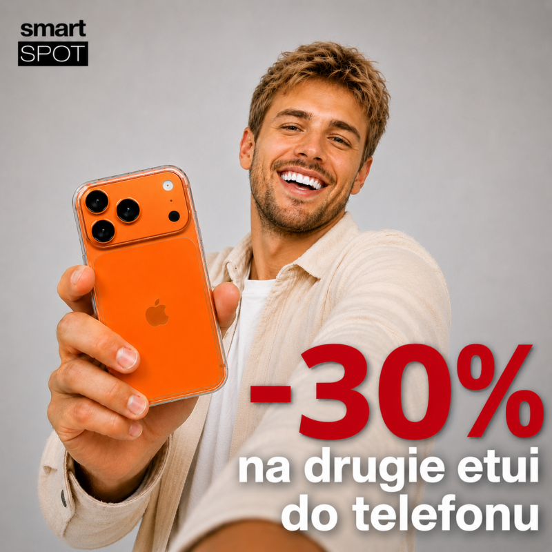 Kwadratowy plakat reklamowy smartSPOT z geometrycznymi motywami i hasłem Etui aż trzydzieści procent taniej w salonach stacjonarnych