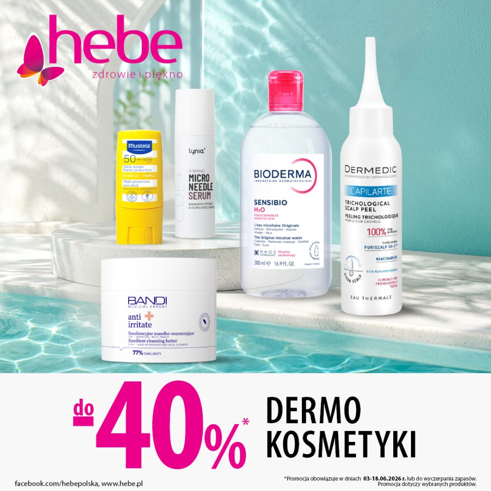 Plakat promocyjny przedstawia produkty do pielęgnacji skóry i włosów w letniej, jasnej aranżacji z motywem czystej wody w tle. Centralnym punktem informacyjnym jest wyeksponowany rabat sięgający czterdziestu procent na wybrany asortyment oraz hasło przewodnie „zdrowie i piękno”.